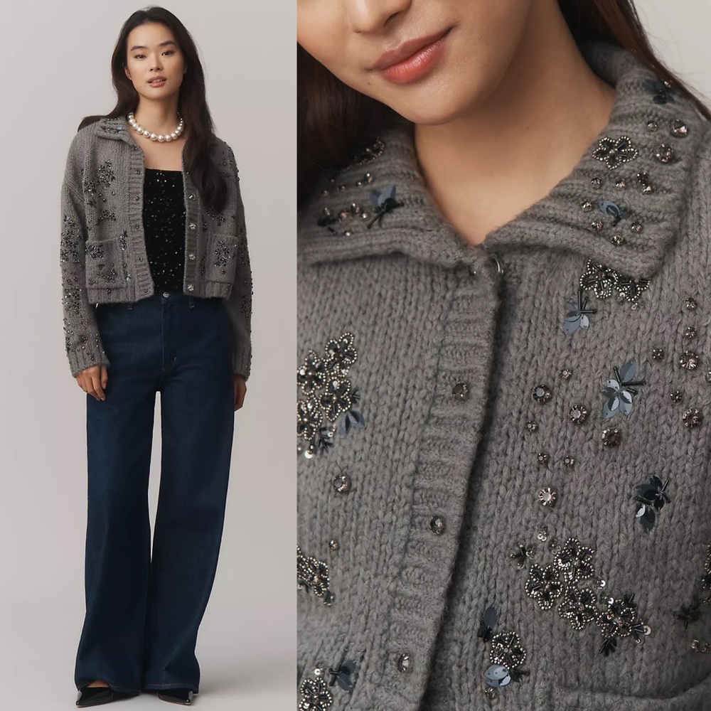 NWT Anthropologie Pilcro Embellished Floral Collared Cardigan Sweater Grey - Picture 8 of 8